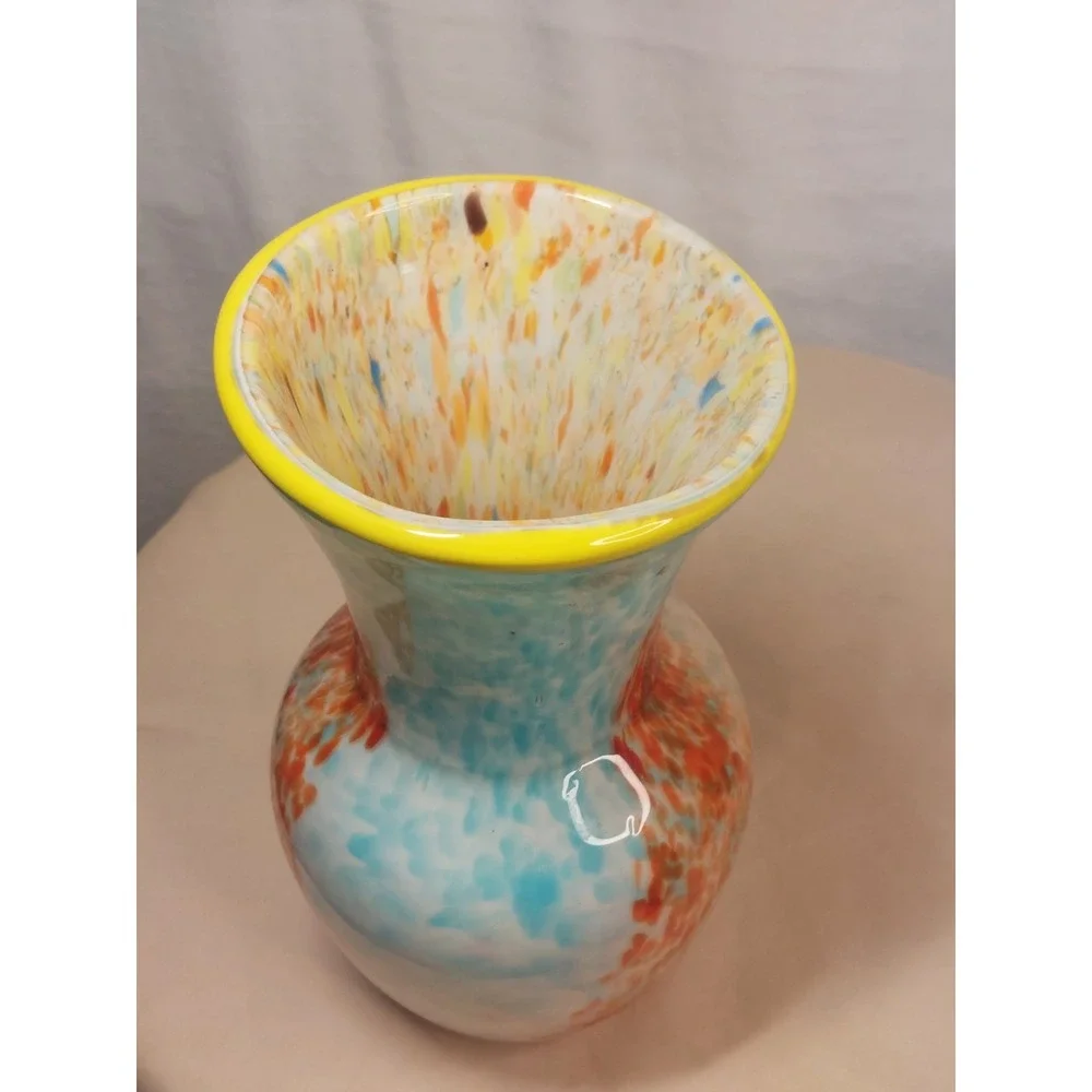 Hand Blown Studio Art Glass Vase Confetti Interior Turquoise Yellow Rim Modern